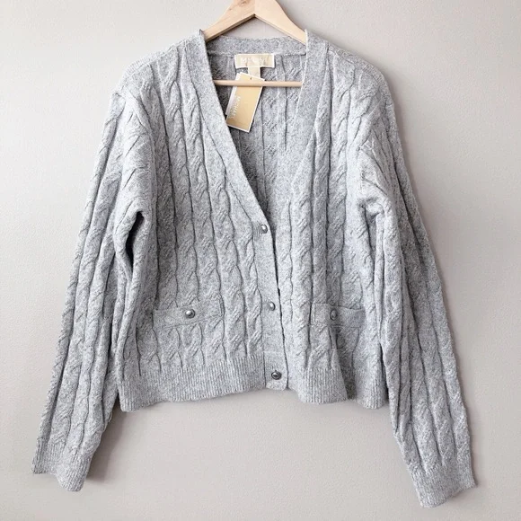 ❗SOLD ❗ Michael Kors Grey cardigan LG cable knit women's sweater - Picture 1 of 14